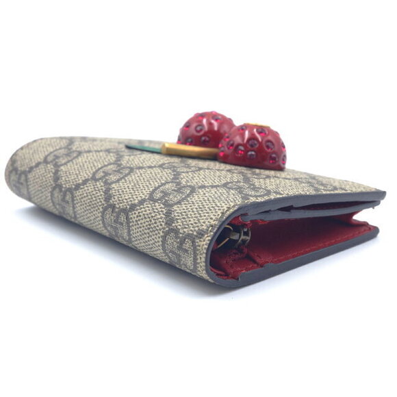 Gucci Cherry Compact Wallet Bifold Long Canvas GG Supreme Beige - Picture 3 of 10